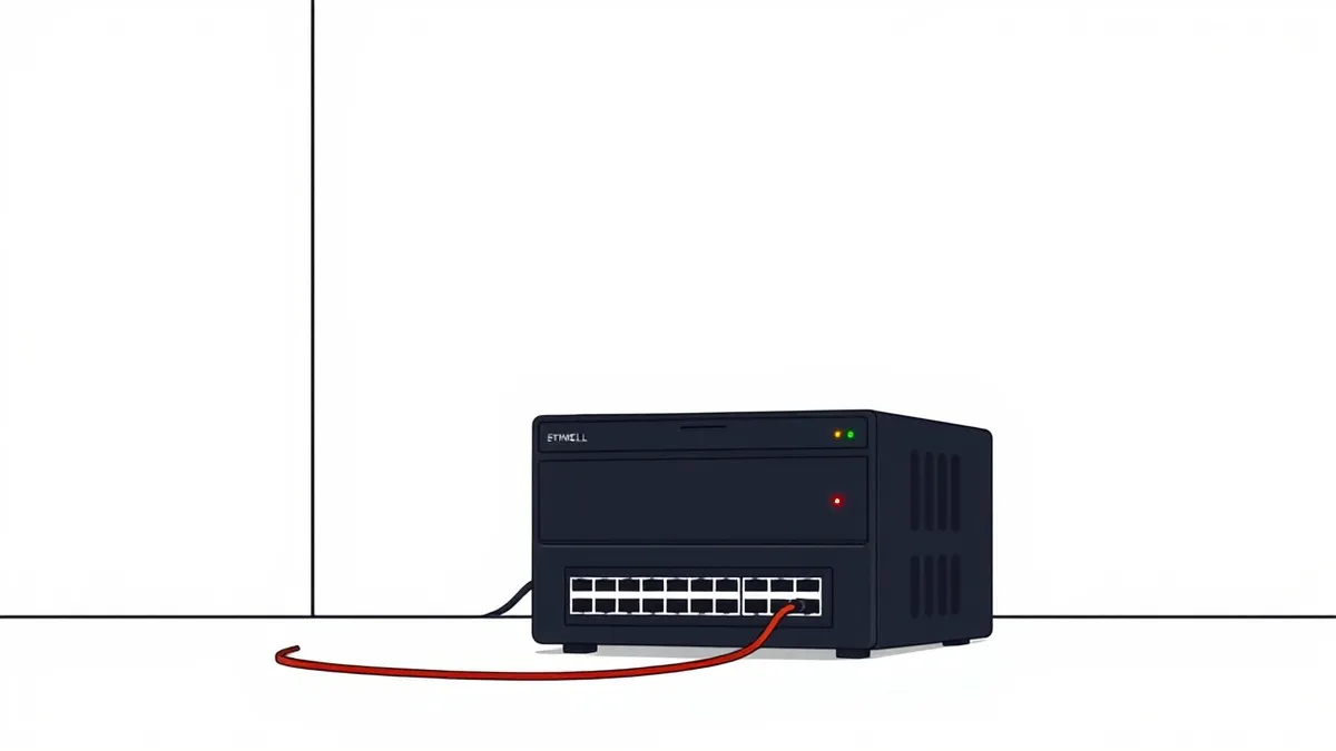 Illustration: A sleek black firewall appliance sits isolated in a dark room.