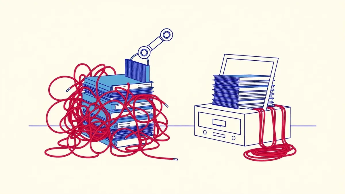 Illustration: A complex tangle of disorganized red wires sits loosely on a cluttered desk next to a neat stack of uniform blue folders.