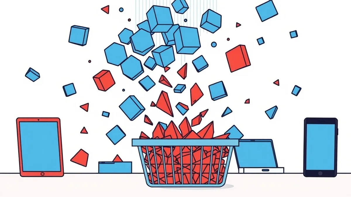 Illustration: A digital filter sifts through a chaotic stream of abstract geometric shapes.