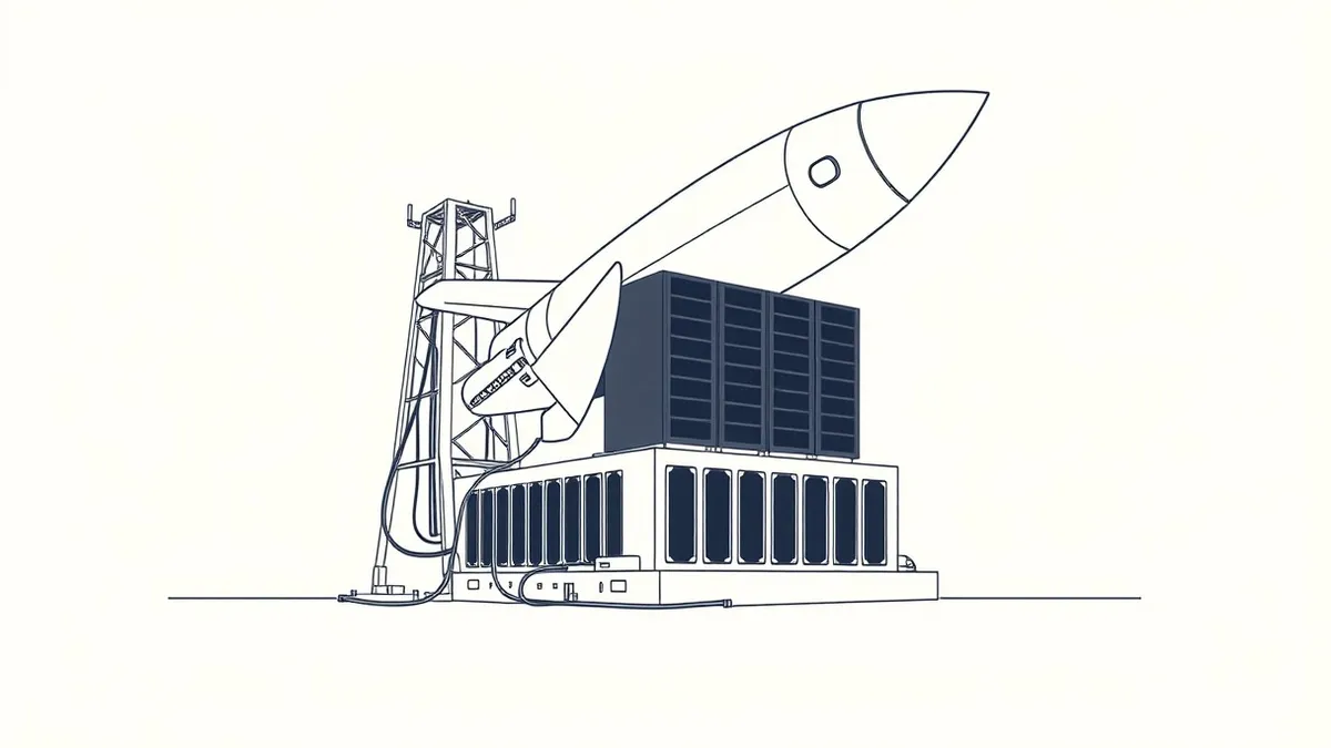 Illustration: A sleek silver rocket sits on a launchpad, its payload fairing open to reveal rows of black server blades.