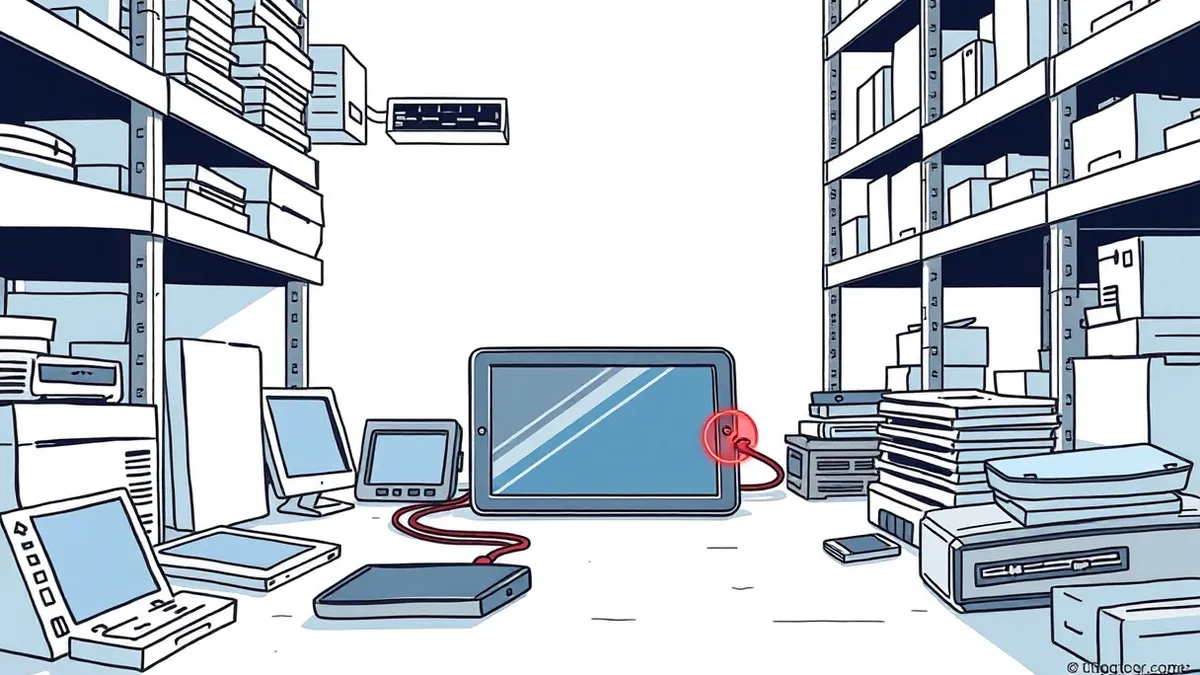 Illustration: A cluttered digital warehouse floor holds various forgotten devices.