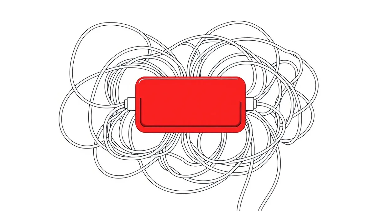 Illustration: A dormant red switch sits embedded within a tangled bundle of clean white circuit wires.