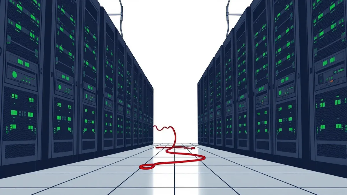 Illustration: A quiet network cable snakes across a dark server room floor, subtly glowing with faint red pulses that contrast with the steady green lights of surrounding equipment