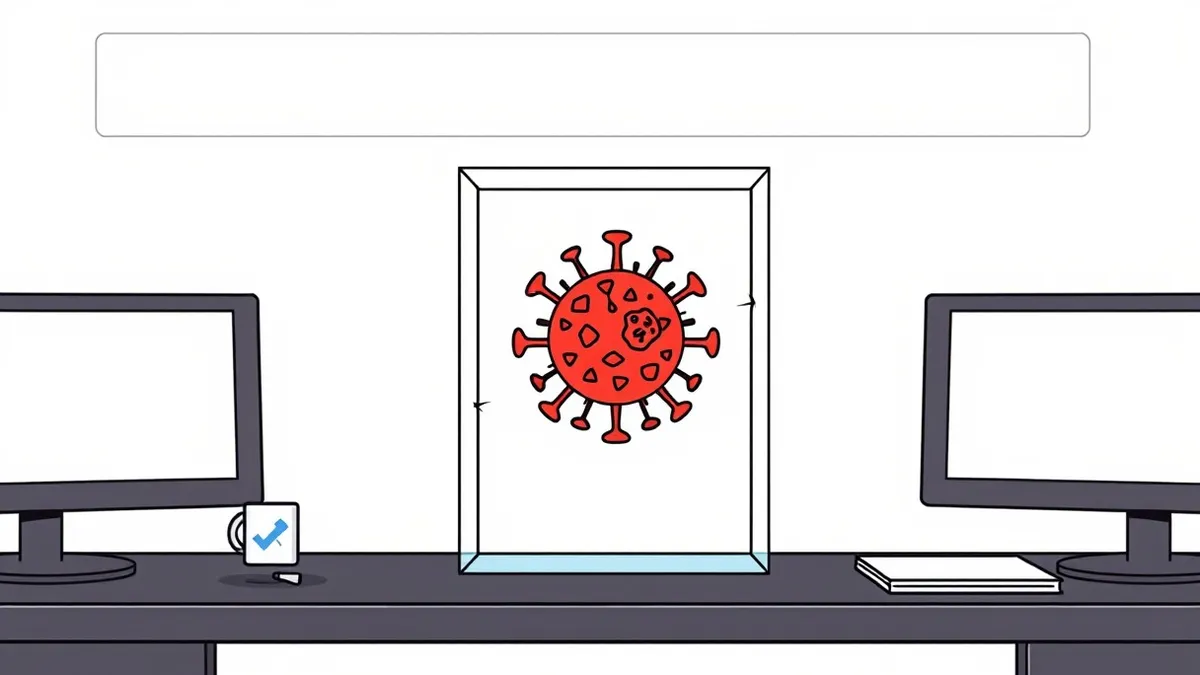 Illustration: A transparent glass cube sits on a dark wooden desk, enclosing a single jagged red virus model.