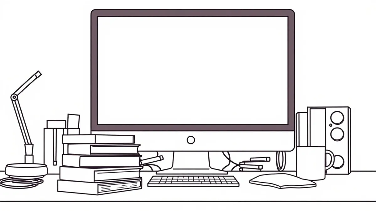Illustration: A blank computer monitor sits on a cluttered desk, its screen displaying only vague, abstract geometric shapes in muted tones.