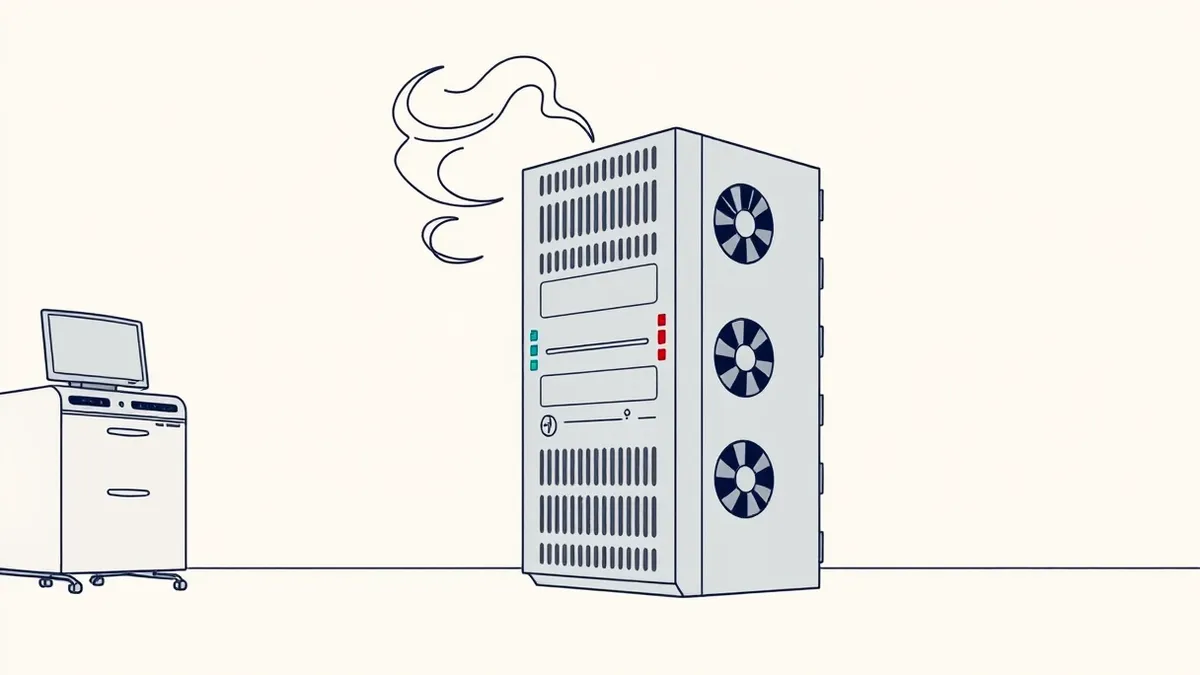 Illustration: A solitary server sits in a quiet office, its cooling fans spinning rapidly.