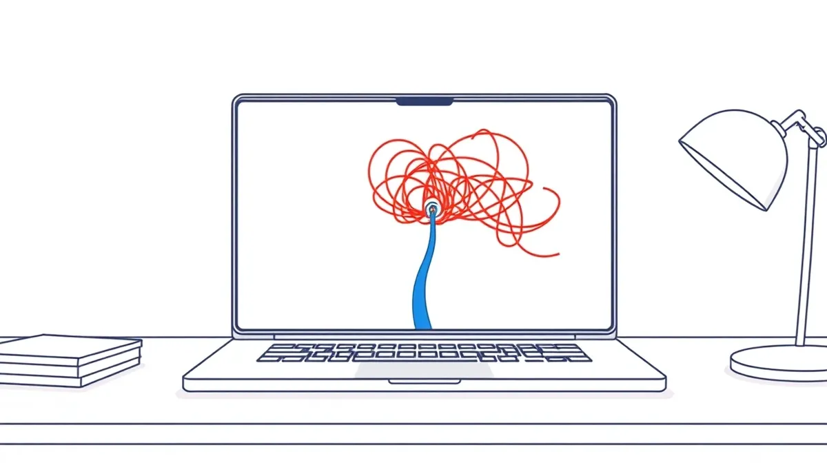 Illustration: A sleek laptop sits on a desk with its screen displaying a tangled web of bright red lines that gradually untangle into a single, clean blue path.