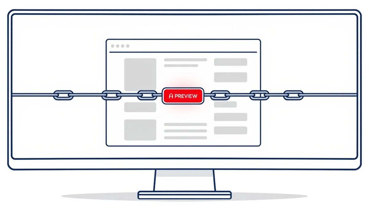 Illustration: A computer monitor displays a content management interface with a single preview button glowing red in the center.