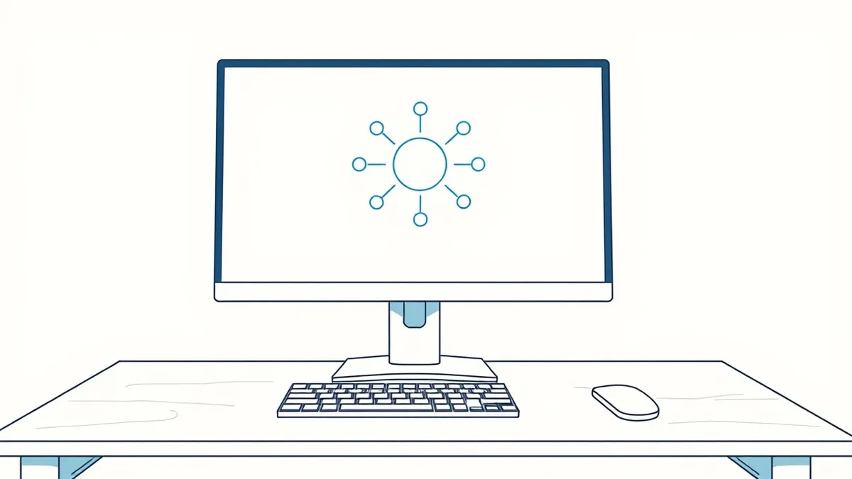 Illustration: A sleek desktop monitor displays a clean, blank interface with abstract circular icons orbiting a central core.