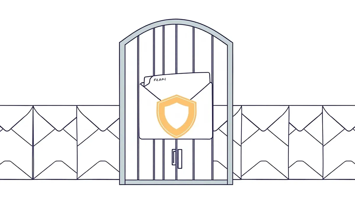 Illustration: A sleek metal gate stands before a row of identical envelopes.