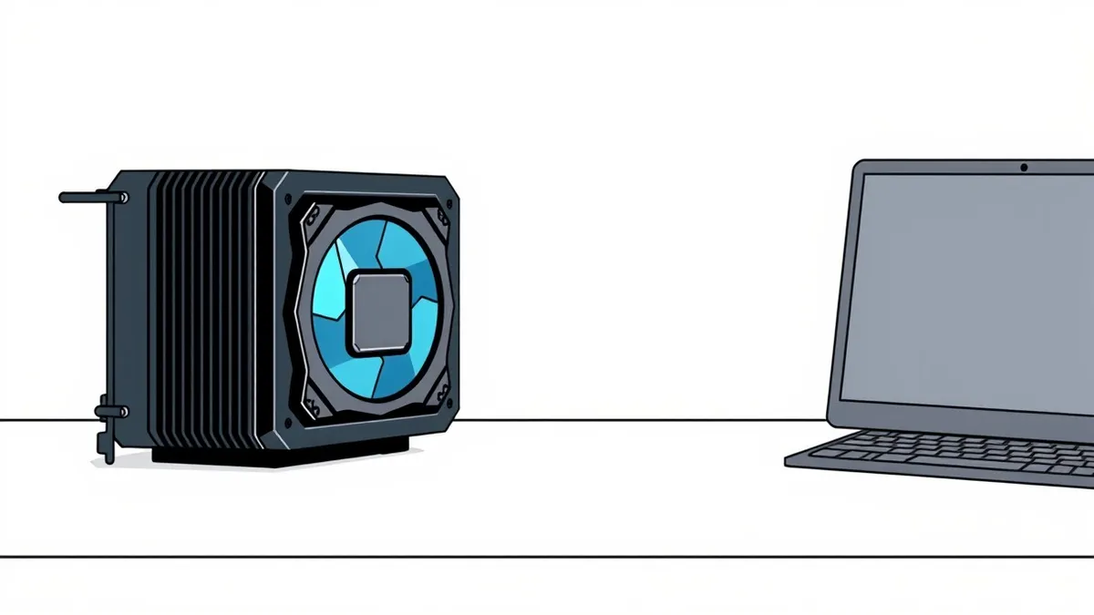 Illustration: A sleek black graphics processing unit sits on a clean white desk next to a translucent blue geometric model.