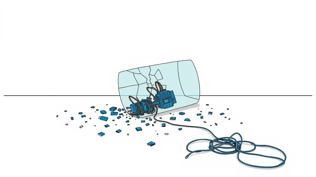 Illustration: A cracked glass enclosure lies shattered on a sterile white floor, revealing scattered shards of blue circuitry and tangled wires.