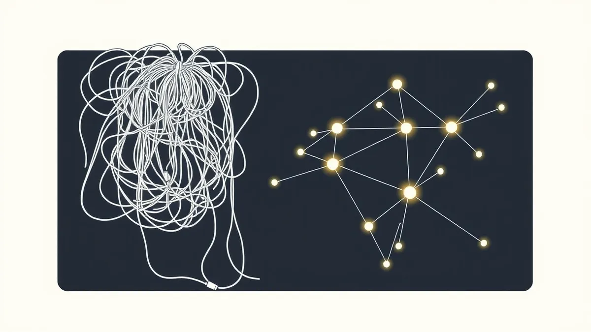 Illustration: A tangled mess of old wires transforms into a clean geometric web.