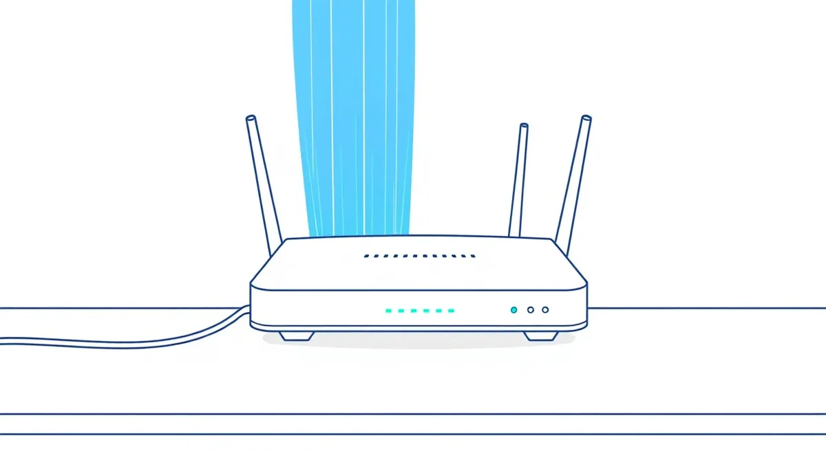Illustration: A sleek white router sits on a clean desk, emitting bright blue data streams from its top port.