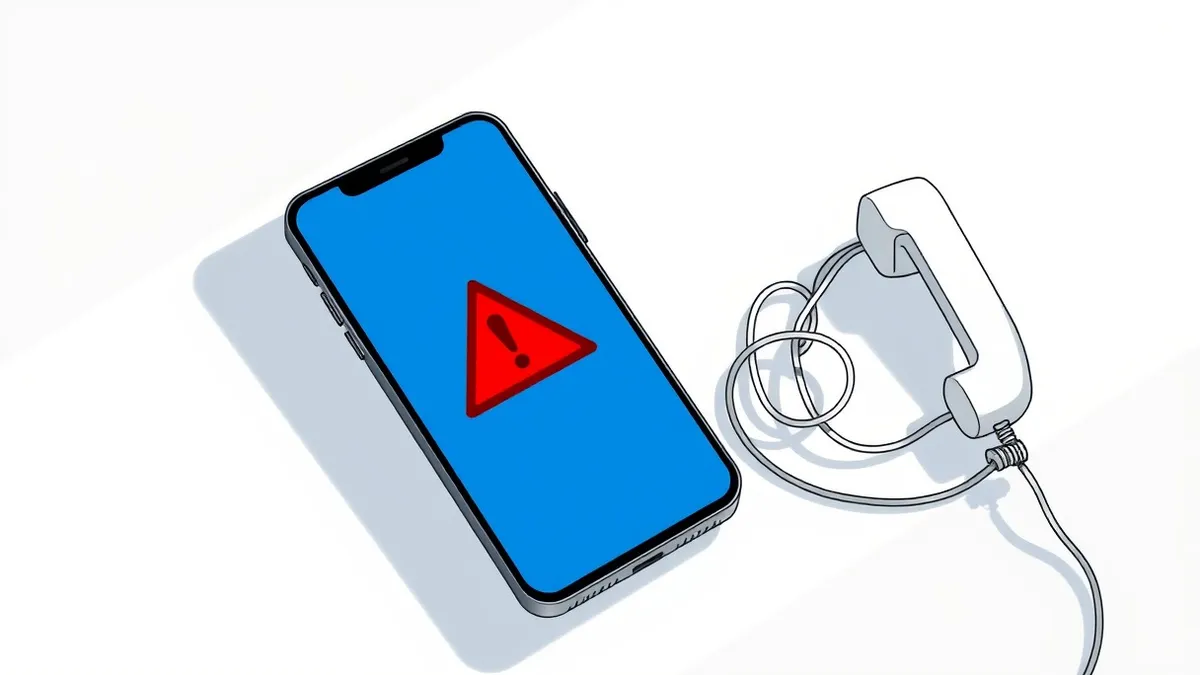 Illustration: A smartphone displays a generic blue interface with a red warning triangle centered on the blank screen.