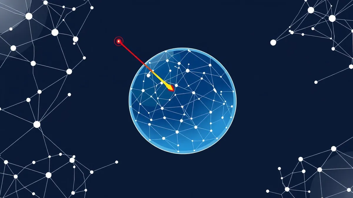 Illustration: A translucent, deep blue sphere floats in a dark void, composed of countless interconnected white lines and geometric nodes.