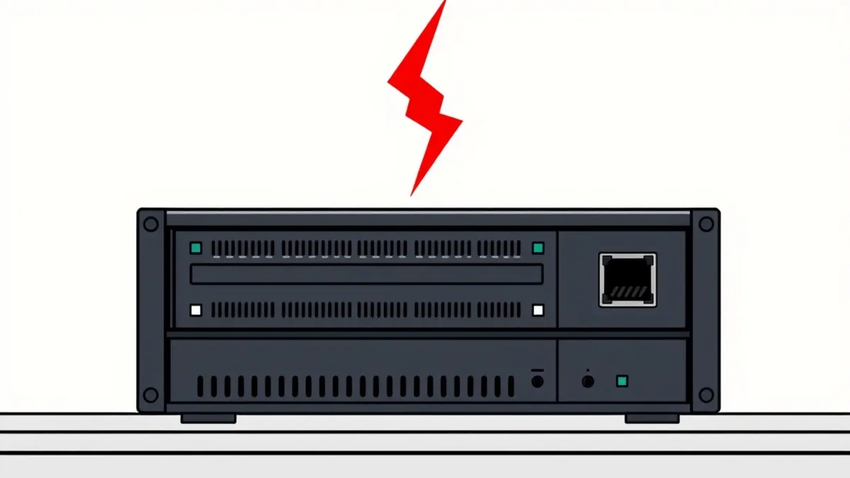 Illustration: A sturdy black network security appliance sits on a desk, its front panel displaying only blank indicator lights.