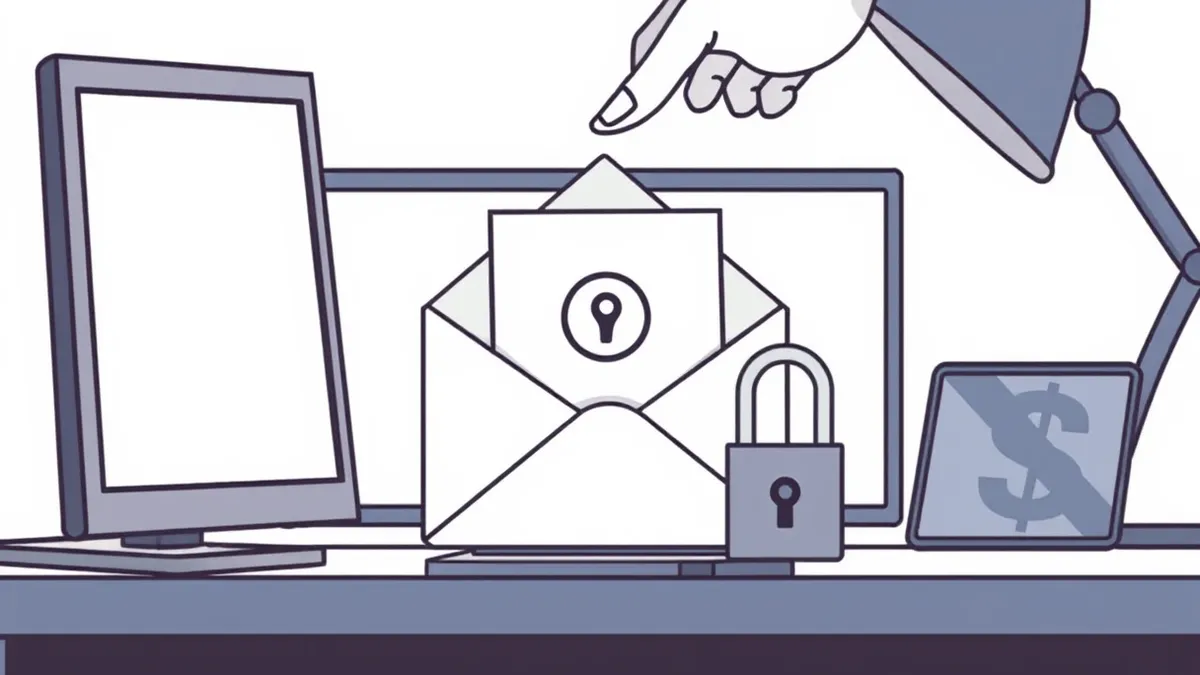 Illustration: An email envelope lies open on a desk, revealing a blank card with a reset link symbol.