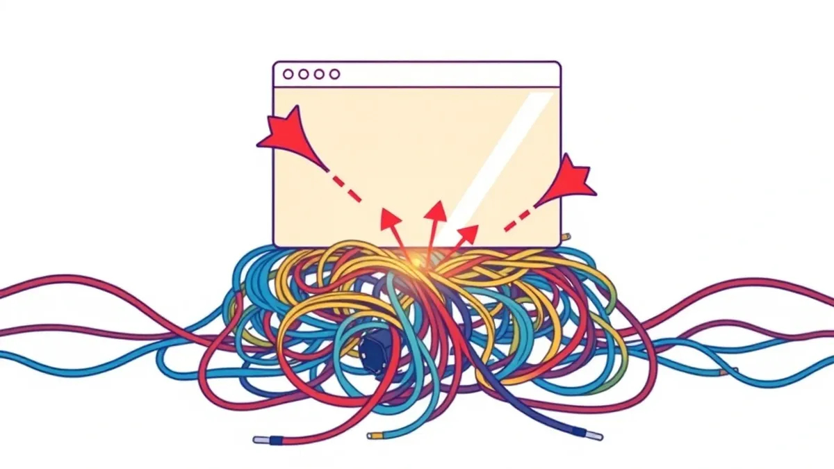 Illustration: A glowing web browser window hovers over a tangled ball of colorful cables.