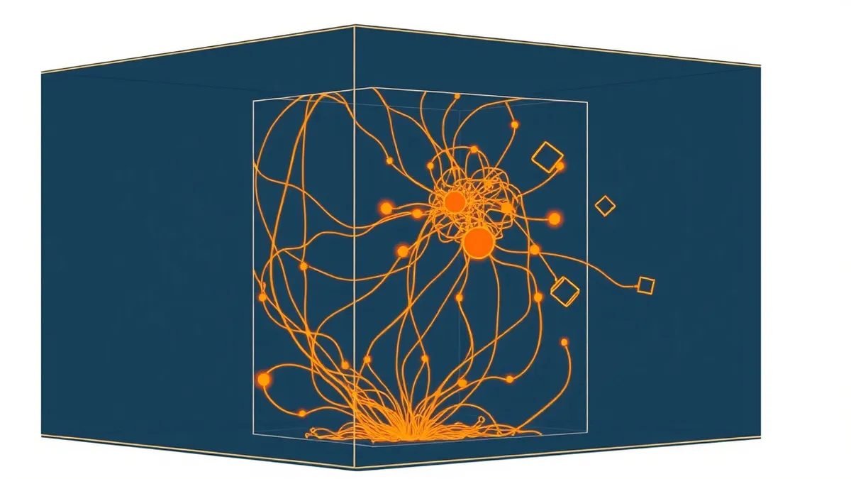 Illustration: A tangled web of glowing orange threads weaves through the dark interior of a transparent glass cube, representing hidden data flows.