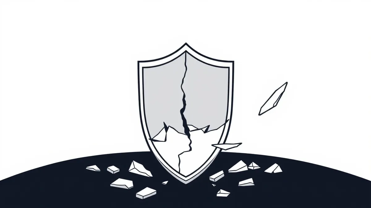 Illustration: A cracked shield with jagged edges rests on a dark surface, reflecting a distorted, fragmented light source.