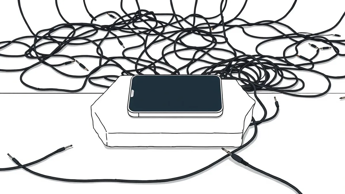 Illustration: A solitary smartphone rests on a sterile concrete table, its screen displaying a blank music player interface.
