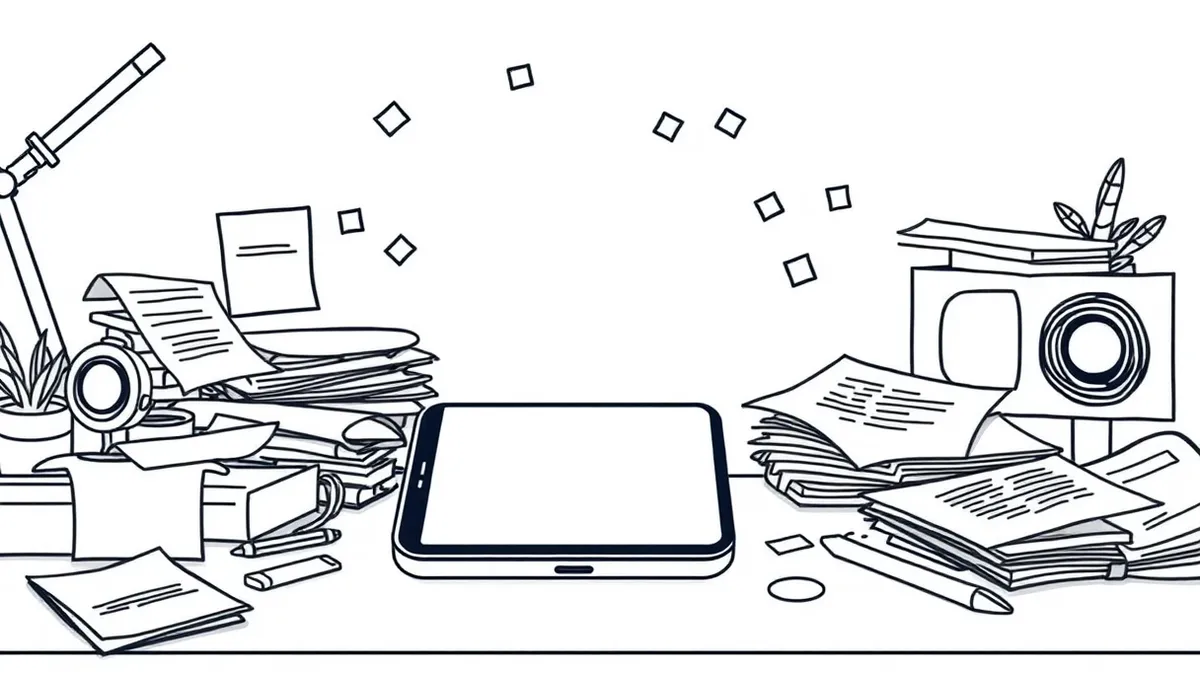 Illustration: A sleek smartphone rests on a cluttered startup desk, its blank screen projecting soft, organized abstract shapes that weave chaotic sticky notes and scattered press