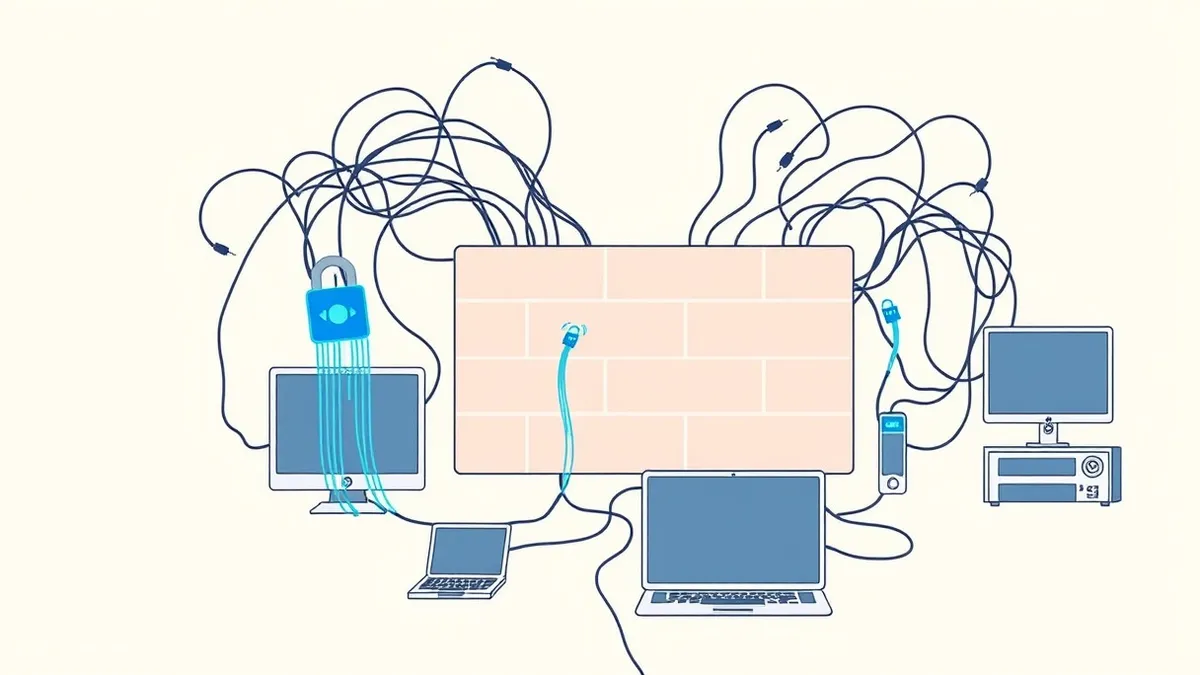 Illustration: A tangled web of thin, translucent wires connects various unmarked digital devices, bypassing a large, sturdy central firewall.