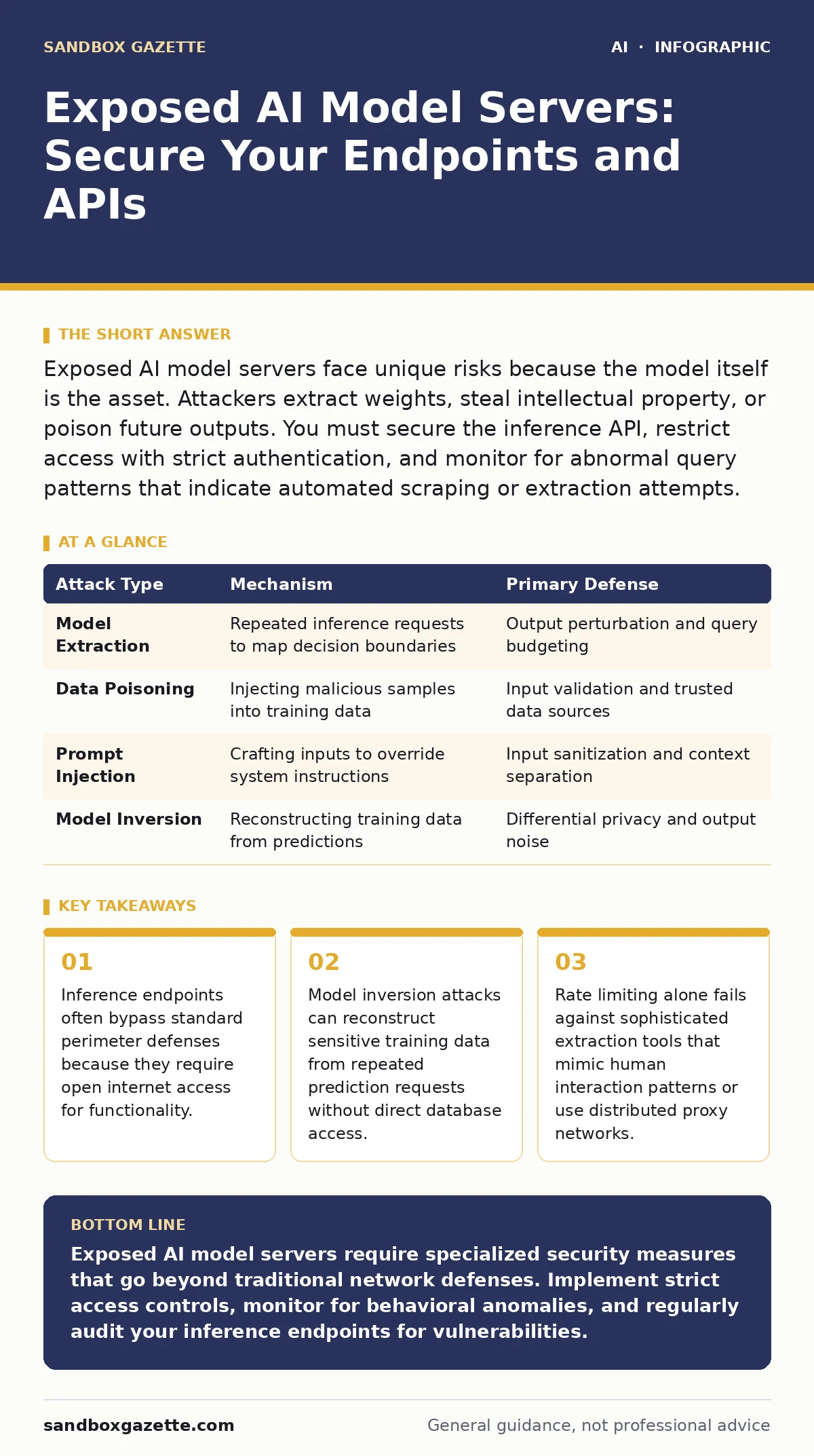 Infographic: Exposed AI Model Servers: Secure Your Endpoints and APIs. Inference endpoints often bypass standard perimeter defenses because they require open internet access for functionality. Model inversion attacks can reconstruct sensitive training data from repeated prediction requests without d