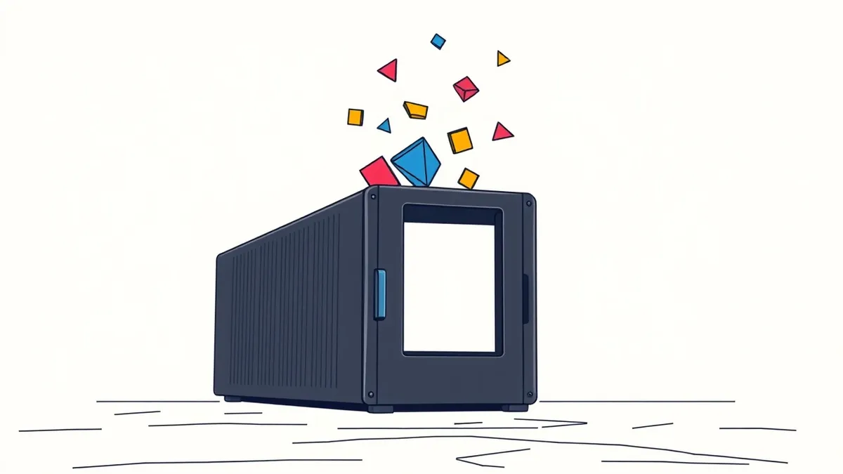 Illustration: A sleek black server unit sits isolated on a concrete floor.
