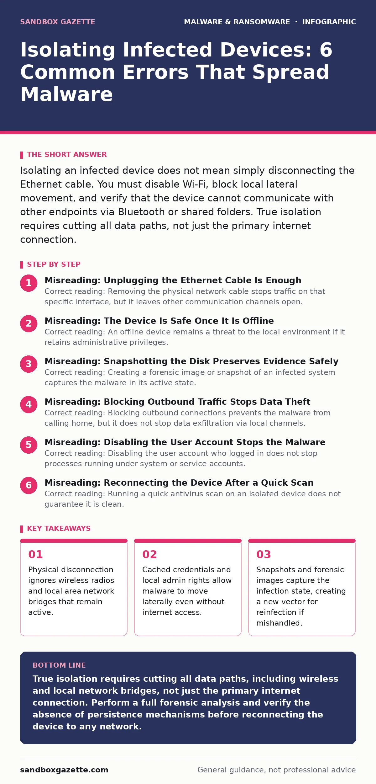 Infographic: Isolating Infected Devices: 6 Common Errors That Spread Malware. Physical disconnection ignores wireless radios and local area network bridges that remain active. Cached credentials and local admin rights allow malware to move laterally even without internet access. Snapshots and forens