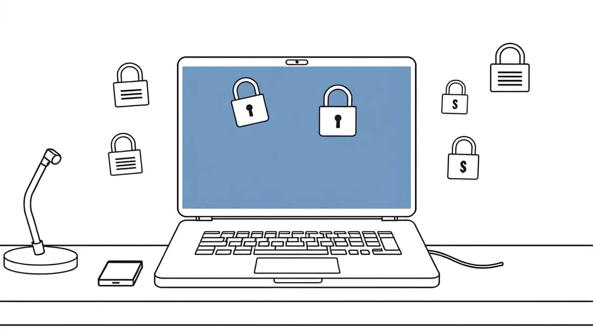 Illustration: A disconnected laptop sits isolated on a desk, surrounded by floating ghostly icons representing cached files and stored credentials.