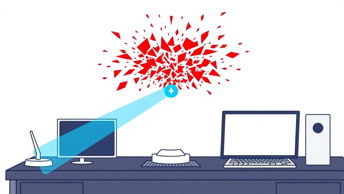 Illustration: A smooth white sensor sits on a dark desk, projecting a single steady blue beam that suddenly fractures into chaotic, jagged red shards.