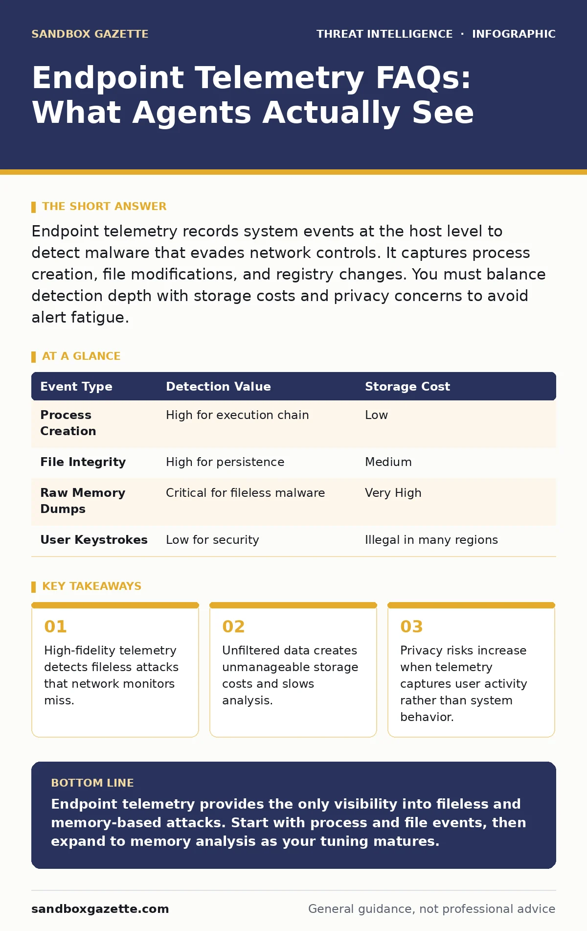 Infographic: Endpoint Telemetry FAQs: What Agents Actually See. High-fidelity telemetry detects fileless attacks that network monitors miss. Unfiltered data creates unmanageable storage costs and slows analysis. Privacy risks increase when telemetry captures user activity rather than system behavior