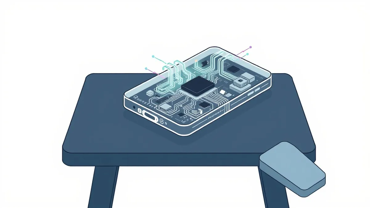 Illustration: A transparent smartphone sits on a dark desk, its internal components visible as intricate circuit boards and microscopic sensors.