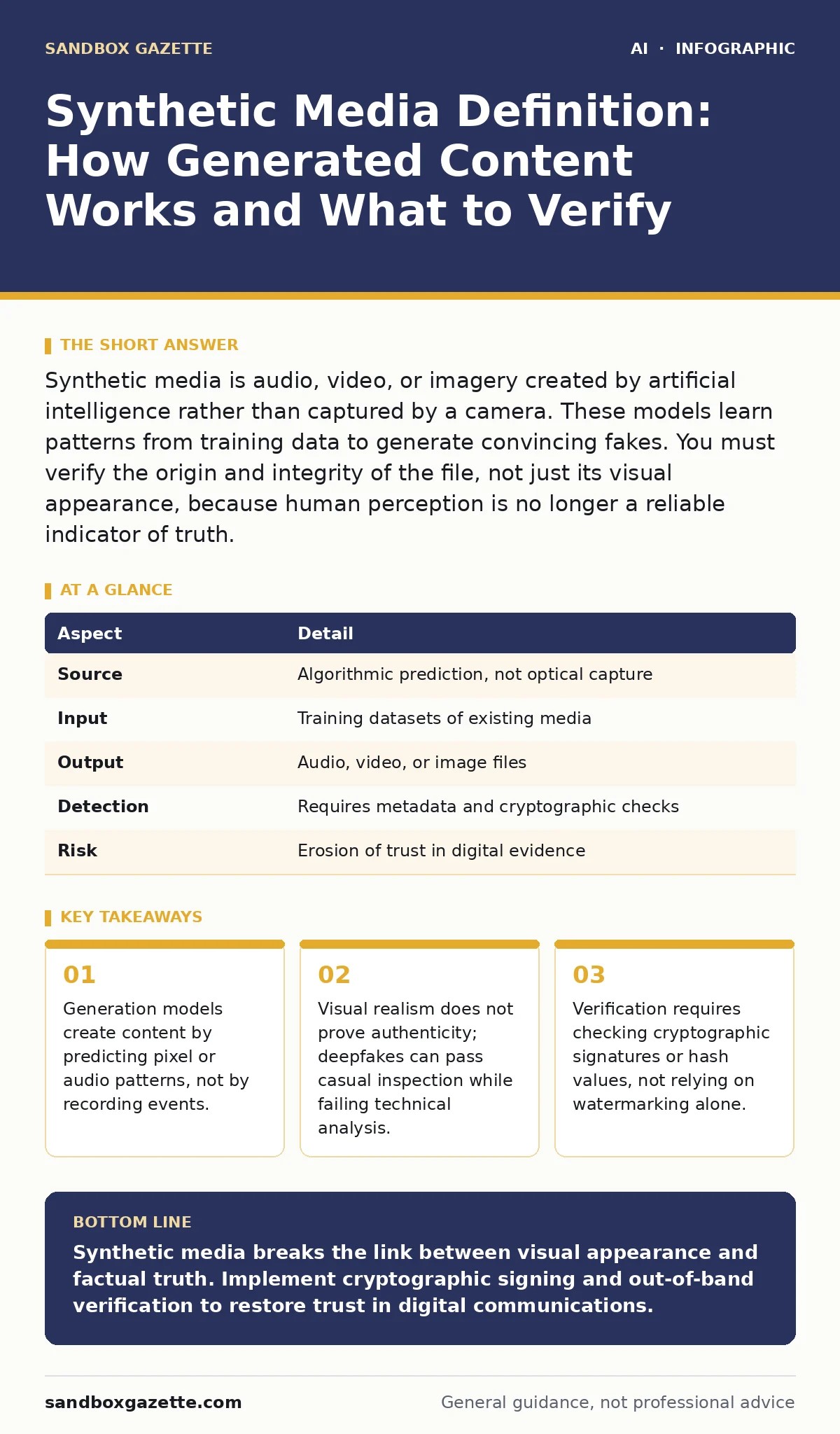 Infographic: Synthetic Media Definition: How Generated Content Works and What to Verify. Generation models create content by predicting pixel or audio patterns, not by recording events. Visual realism does not prove authenticity; deepfakes can pass casual inspection while failing technical analysis.