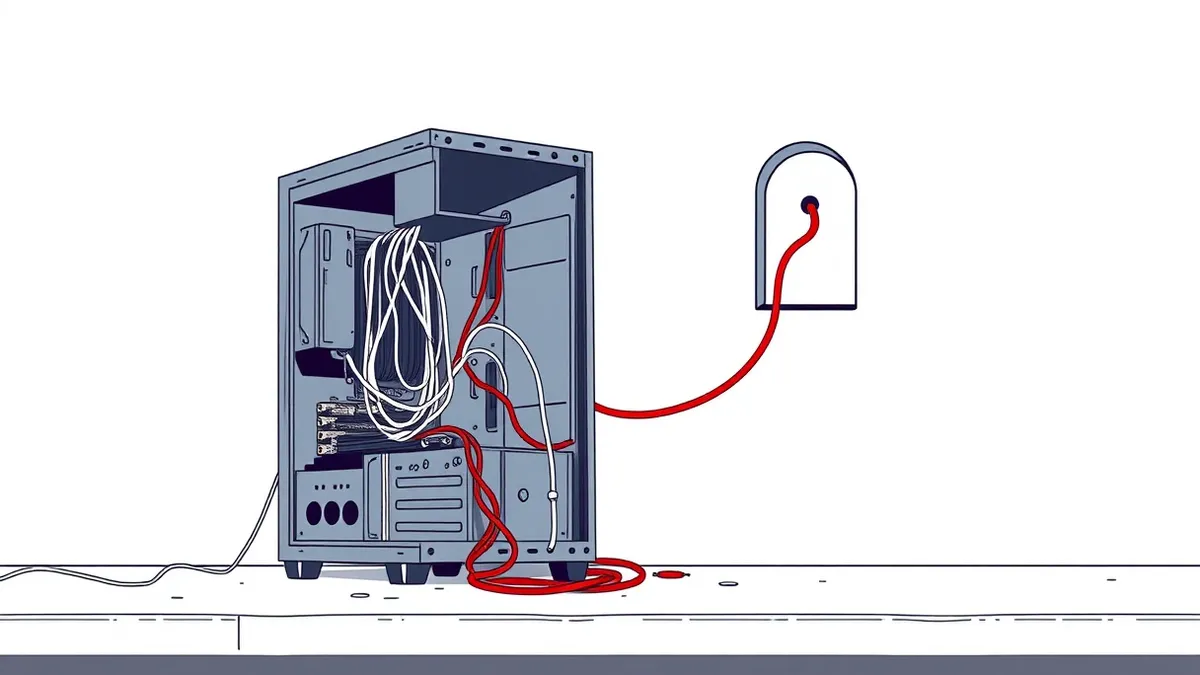 Illustration: A cracked open computer tower sits on a dusty desk with its internal wiring exposed and tangled.