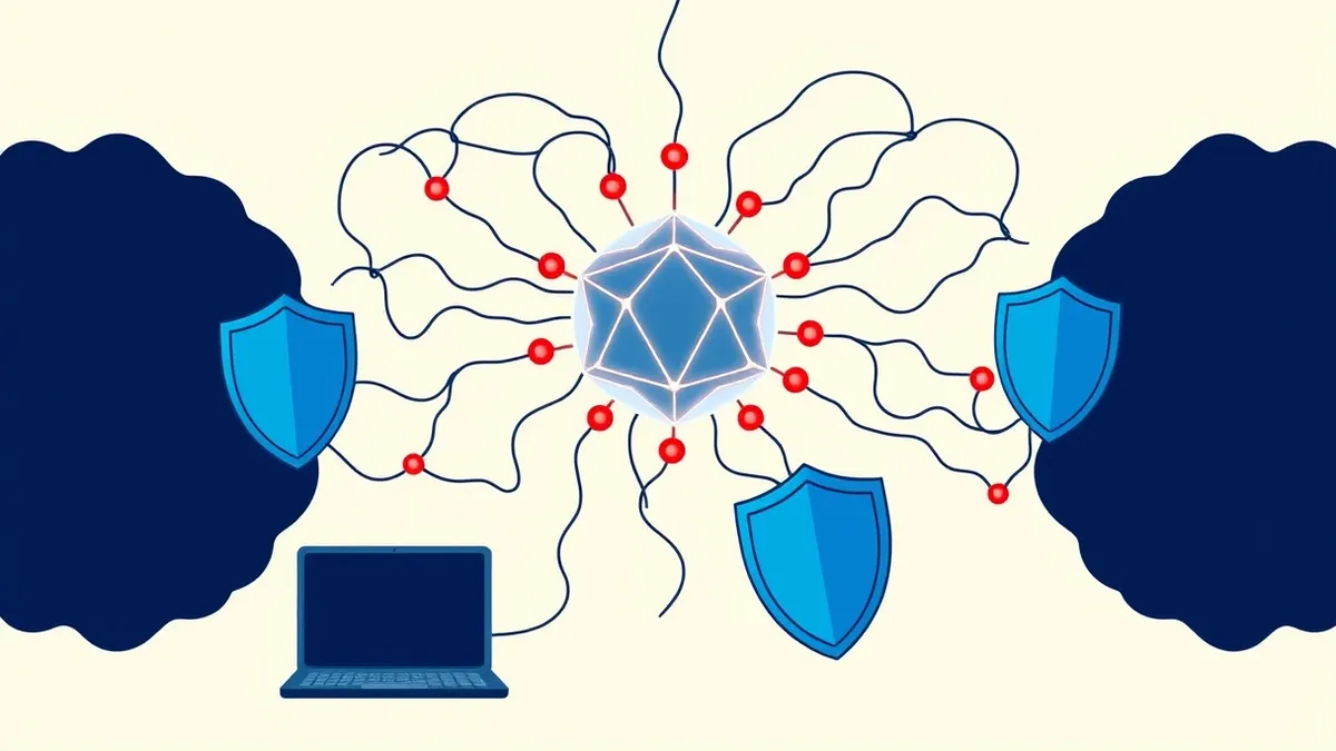 Illustration: A tangled web of glowing threads connects a central geometric crystal to surrounding dark voids.