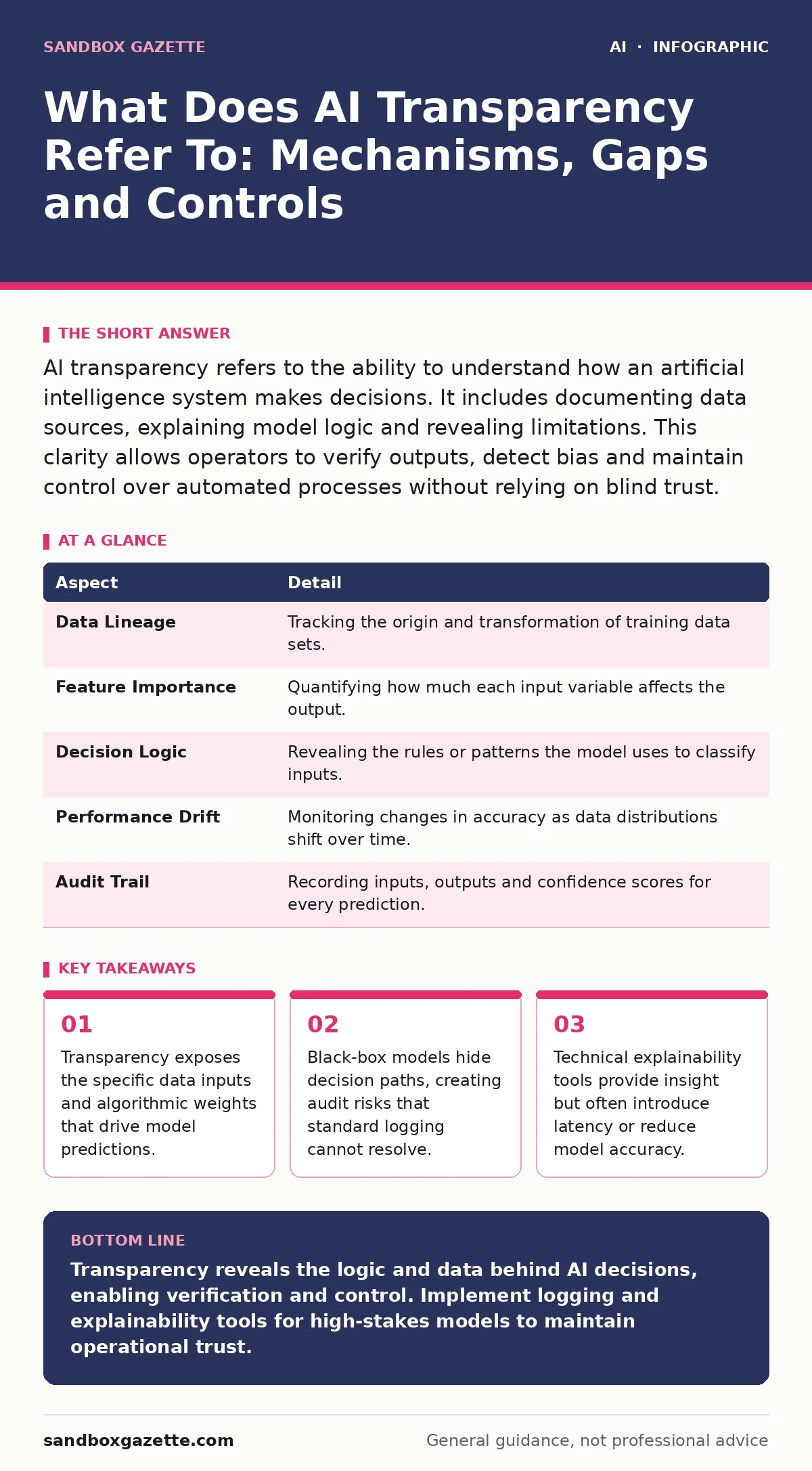 Infographic: What Does AI Transparency Refer To: Mechanisms, Gaps and Controls. Transparency exposes the specific data inputs and algorithmic weights that drive model predictions. Black-box models hide decision paths, creating audit risks that standard logging cannot resolve. Technical explainabilit