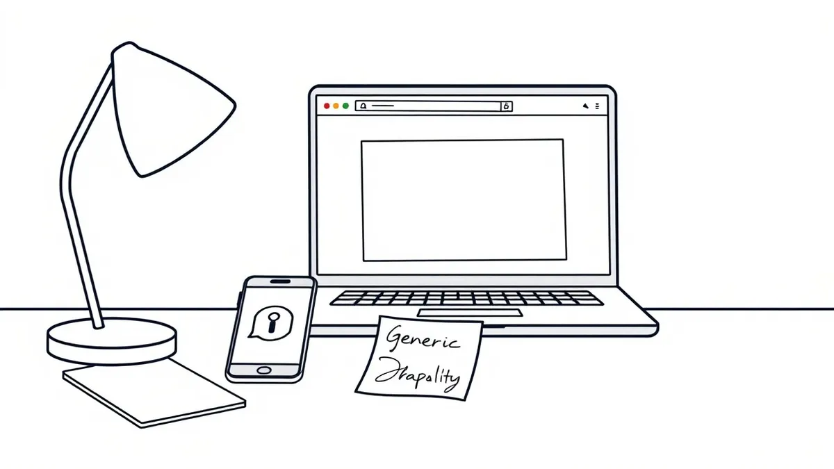 Illustration: A small office desk holds a smartphone and an open laptop displaying blank browser windows.
