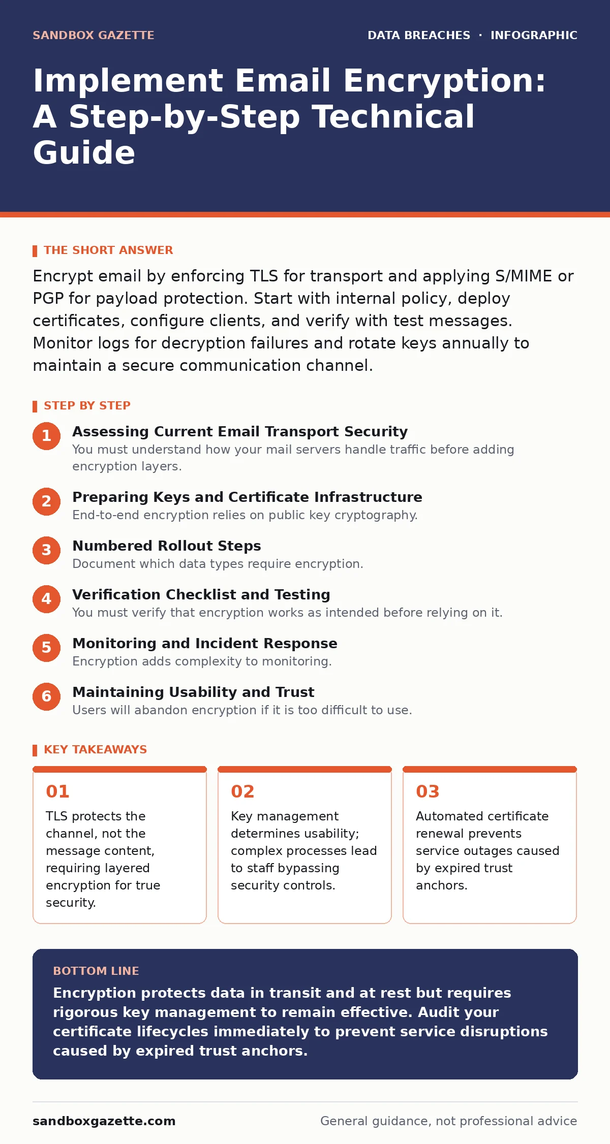 Infographic: Implement Email Encryption: A Step-by-Step Technical Guide. TLS protects the channel, not the message content, requiring layered encryption for true security. Key management determines usability; complex processes lead to staff bypassing security controls. Automated certificate renewal
