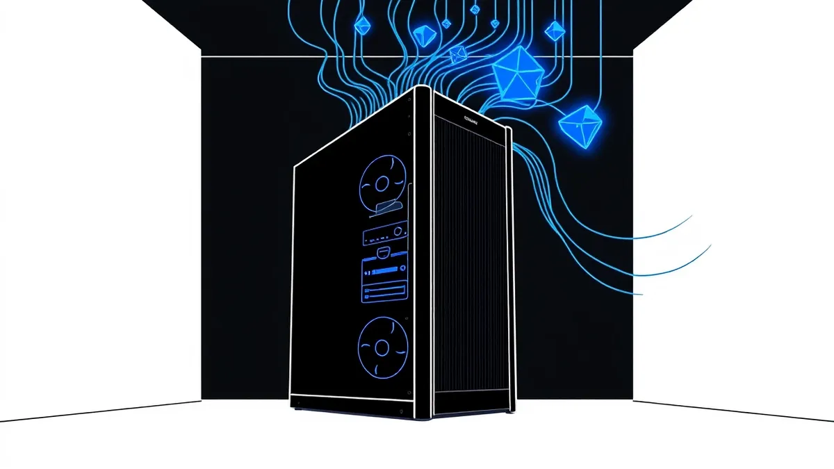 Illustration: A sleek black server tower sits in a dark room, its ventilation fans spinning rapidly.
