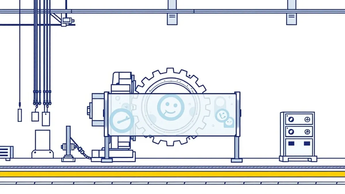 Illustration: A large industrial gear sits idle on a factory floor, blocked by a single, translucent barrier.