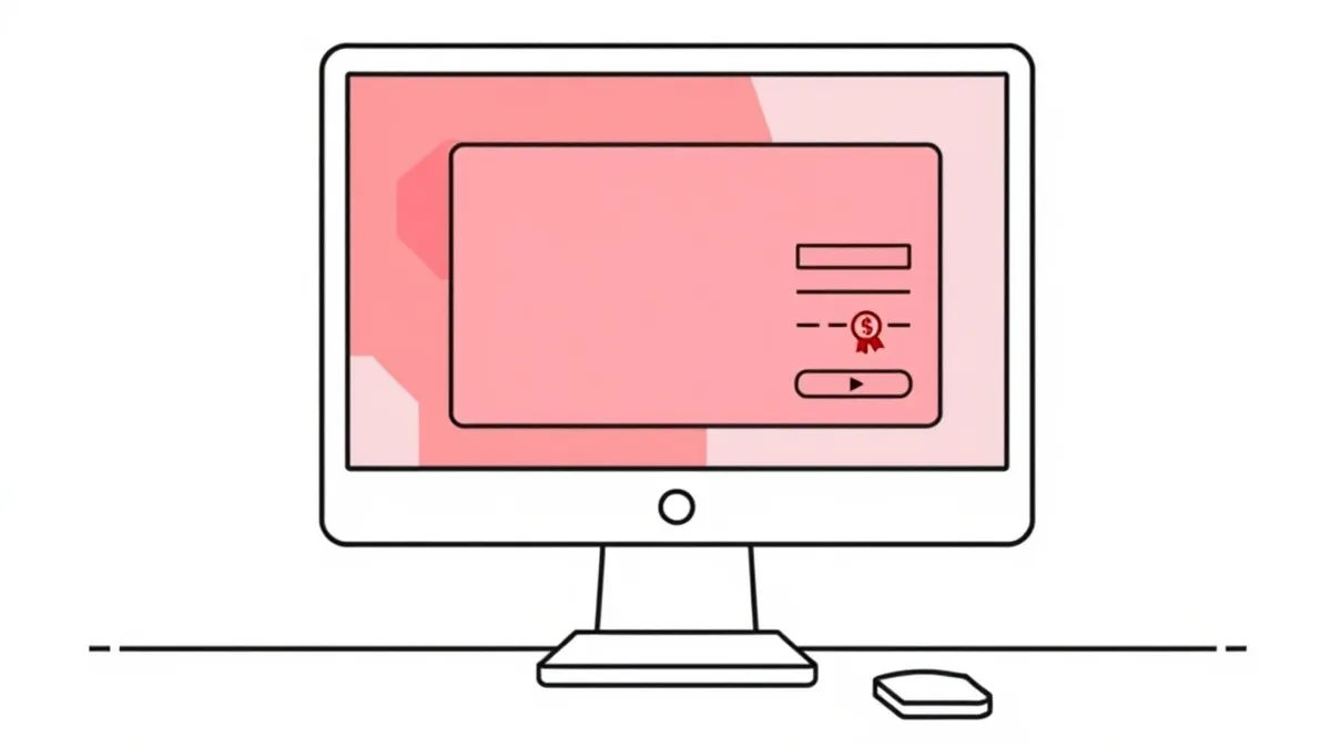 Illustration: A generic computer screen displays a blank payment processing interface with abstract geometric shapes.