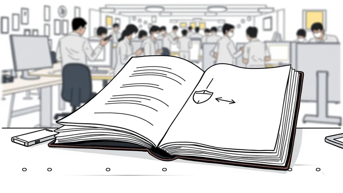 Illustration: A thick, weathered manual rests open on a steel desk, its pages showing a simple flowchart with arrows pointing toward a shield icon.