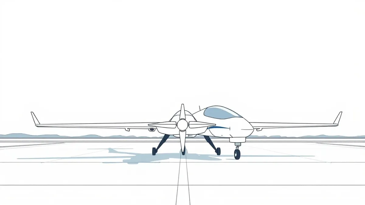 Illustration: A sleek, white unmanned aerial vehicle with folding wings rests on a concrete airfield.