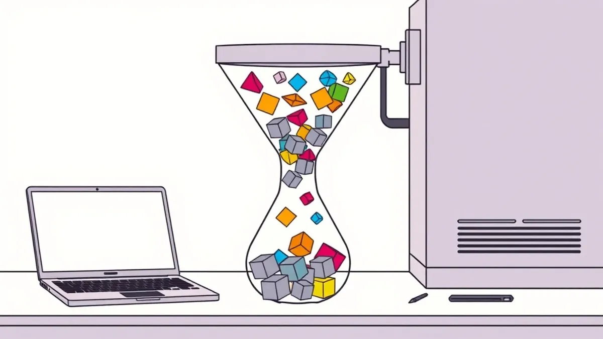 Illustration: A glass funnel pours a mix of colorful geometric shapes into a machine, but only gray cubes fall through the bottom while vibrant forms get stuck in the mesh, illustr