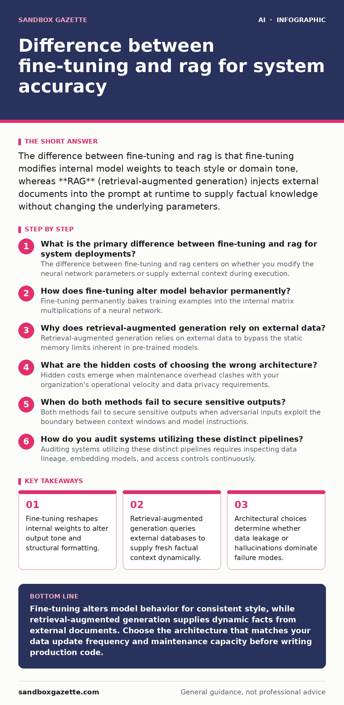 Infographic: Difference between fine-tuning and rag for system accuracy. Fine-tuning reshapes internal weights to alter output tone and structural formatting. Retrieval-augmented generation queries external databases to supply fresh factual context dynamically. Architectural choices determine whethe