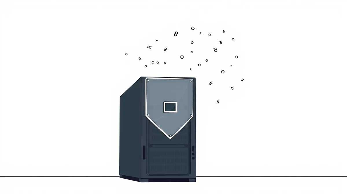Illustration: A sleek, matte-black hardware server sits isolated in a sterile white room.