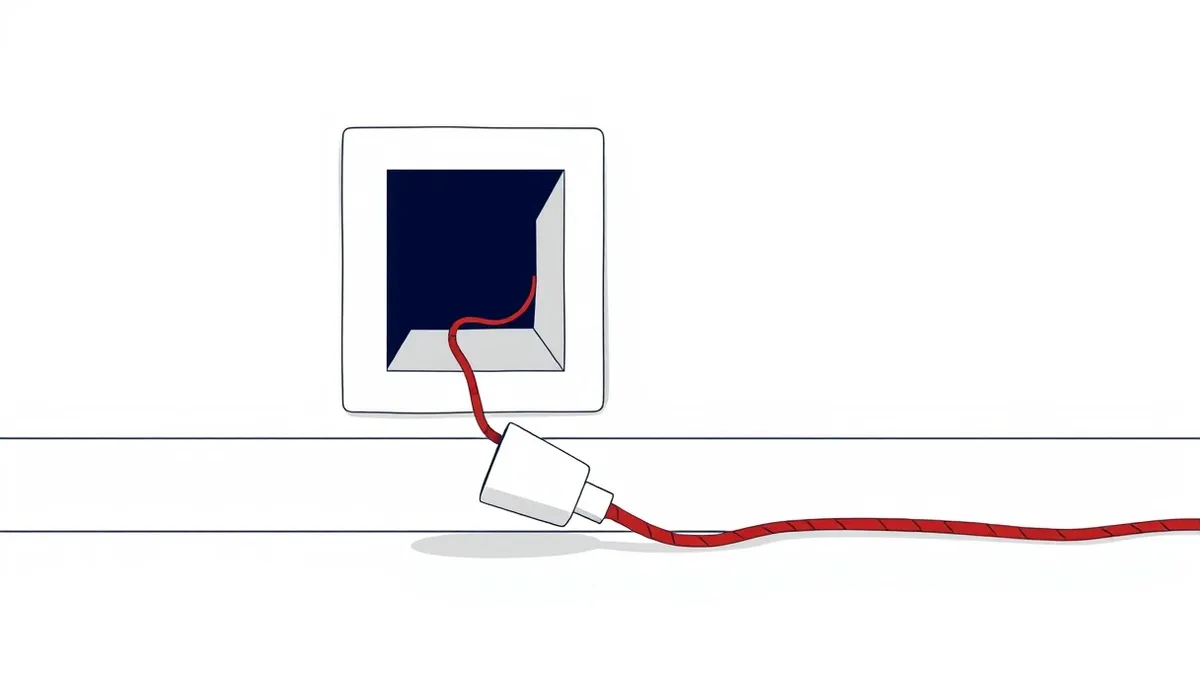 Illustration: A white plug sits loose in a wall socket, casting a shadow on the clean floor.